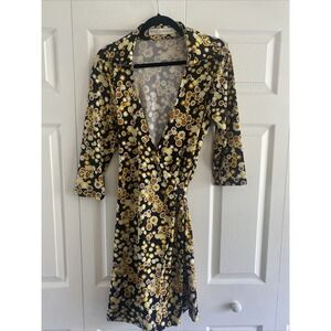 Tracy Negoshian Geometric Honeycomb Wrap Dress Womens Size M Black Yellow Retro